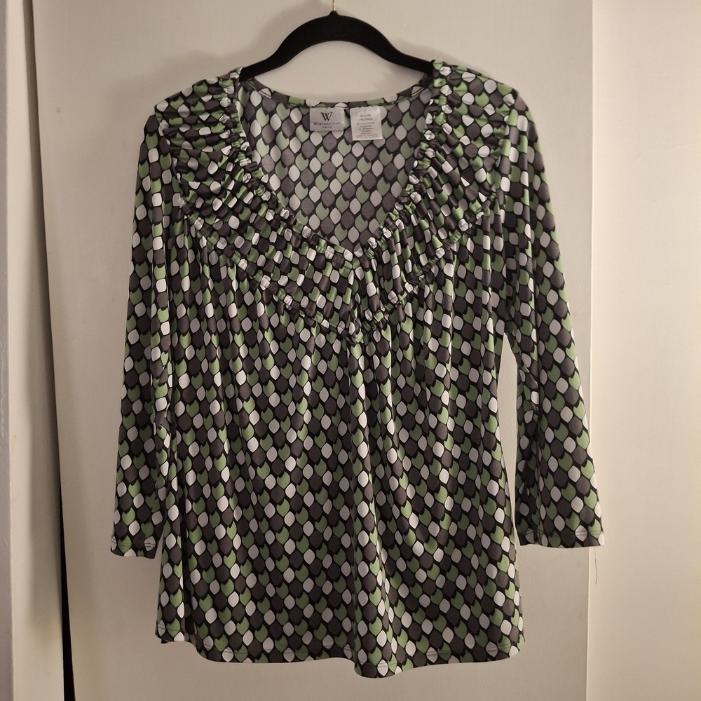 Worthington Women's Ruffled Geometric Top - Gray, Green, White